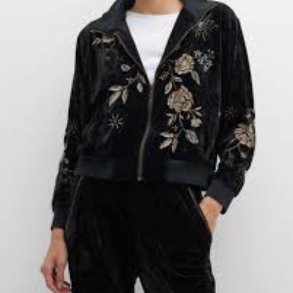 NWT JOHNNY WAS Ally Embroidered Velour Track Jacket-- black